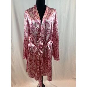 Pink Damask Satin Wrap Robe Long Sleeve Silky Scroll Print Loungewear Belted XL